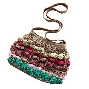 Crochet Woven Raffia Medium Shoulder Bag Purse Tan Pink Teal Stripe Bohemian Bag